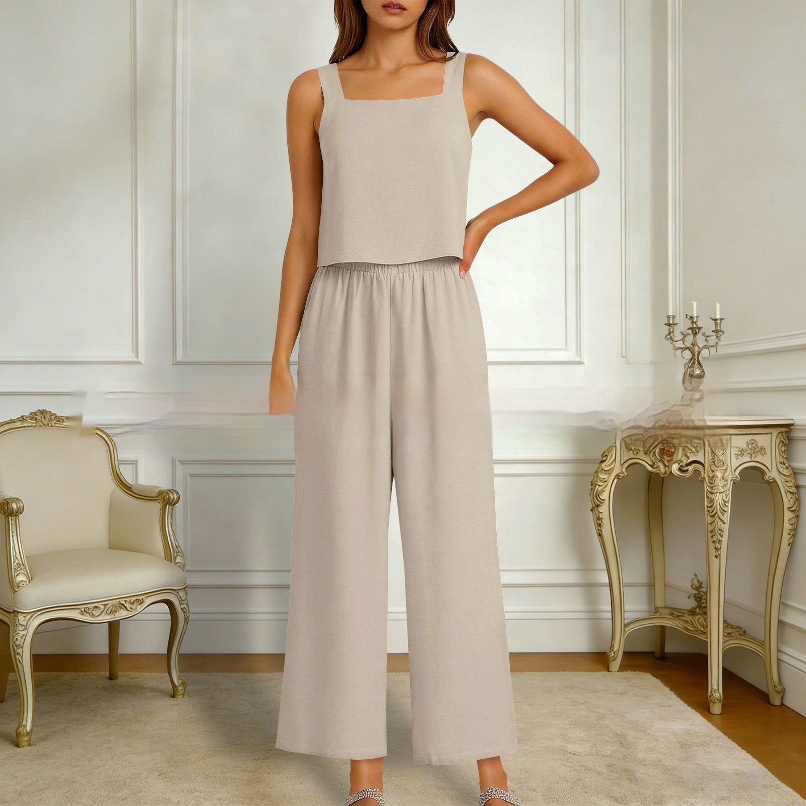 European And American-style Sleeveless Vest And Wide-leg Pants Set For Women