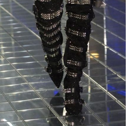 Hot-stone-embellished Skull-toe Studded Pointed-toe Over-the-knee Boots