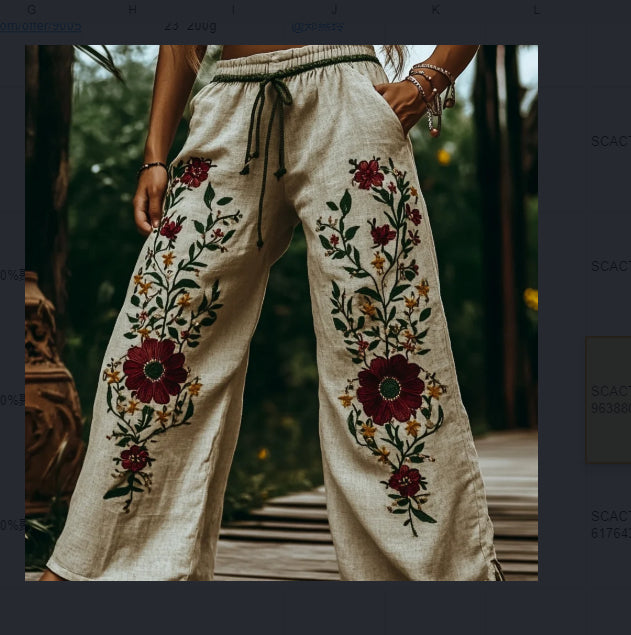Printed Long Pants For Women Made Of Linen Versatile And Wide-leg Style