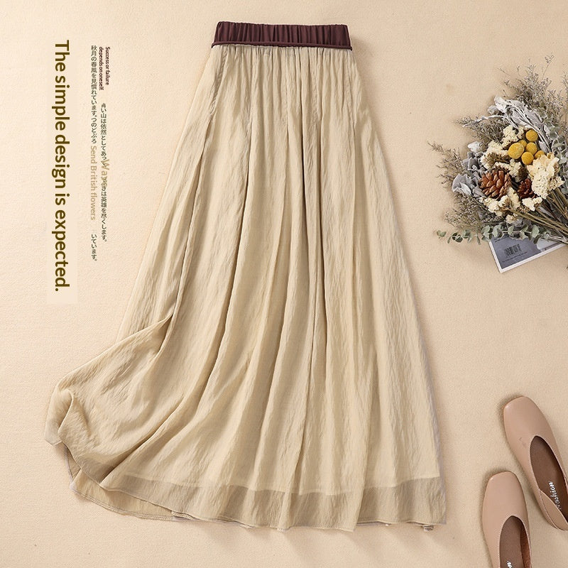 Solid-color Elastic-waist A-line Midi Skirt