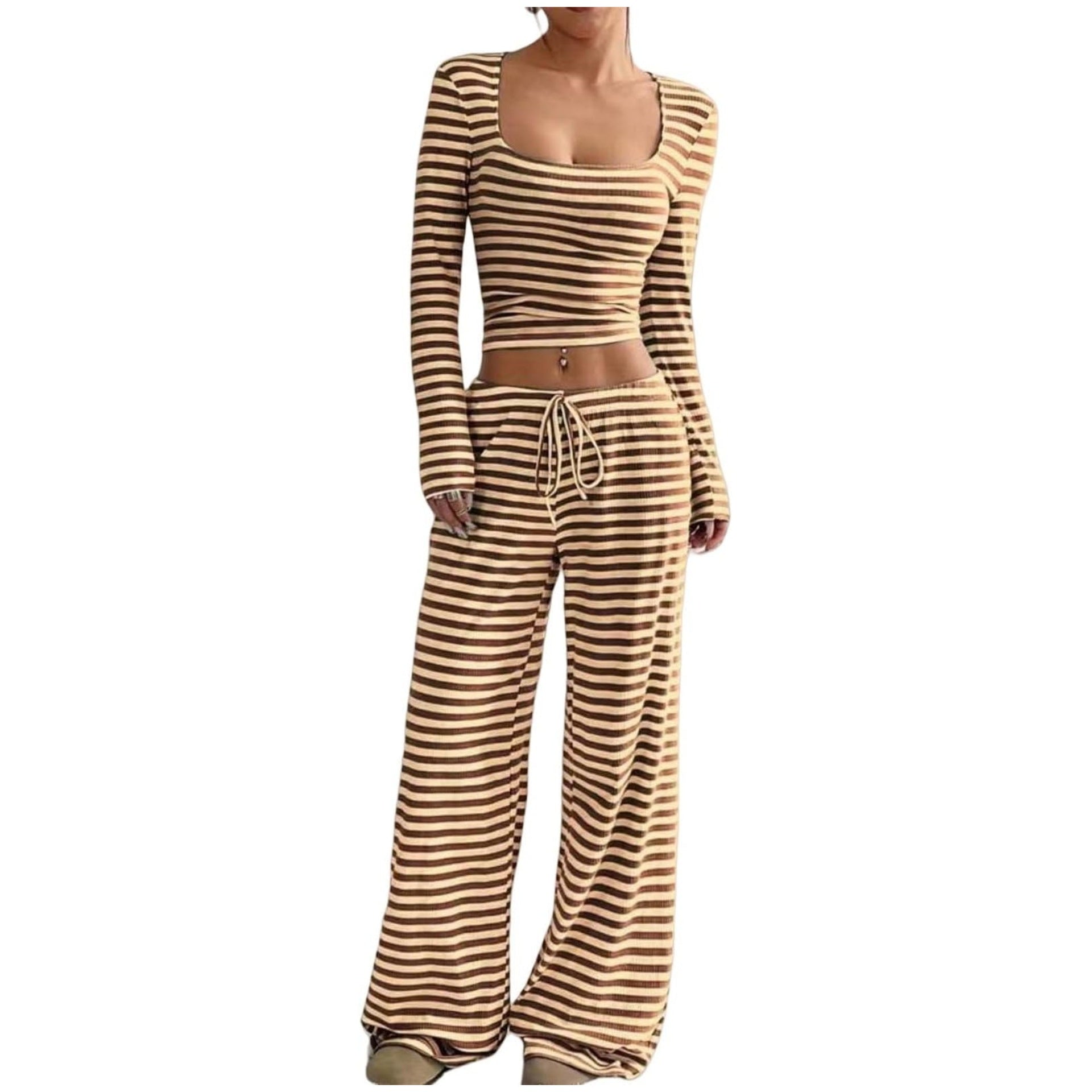 Womens Striped High-Waist Slimming Wide-Leg Pants