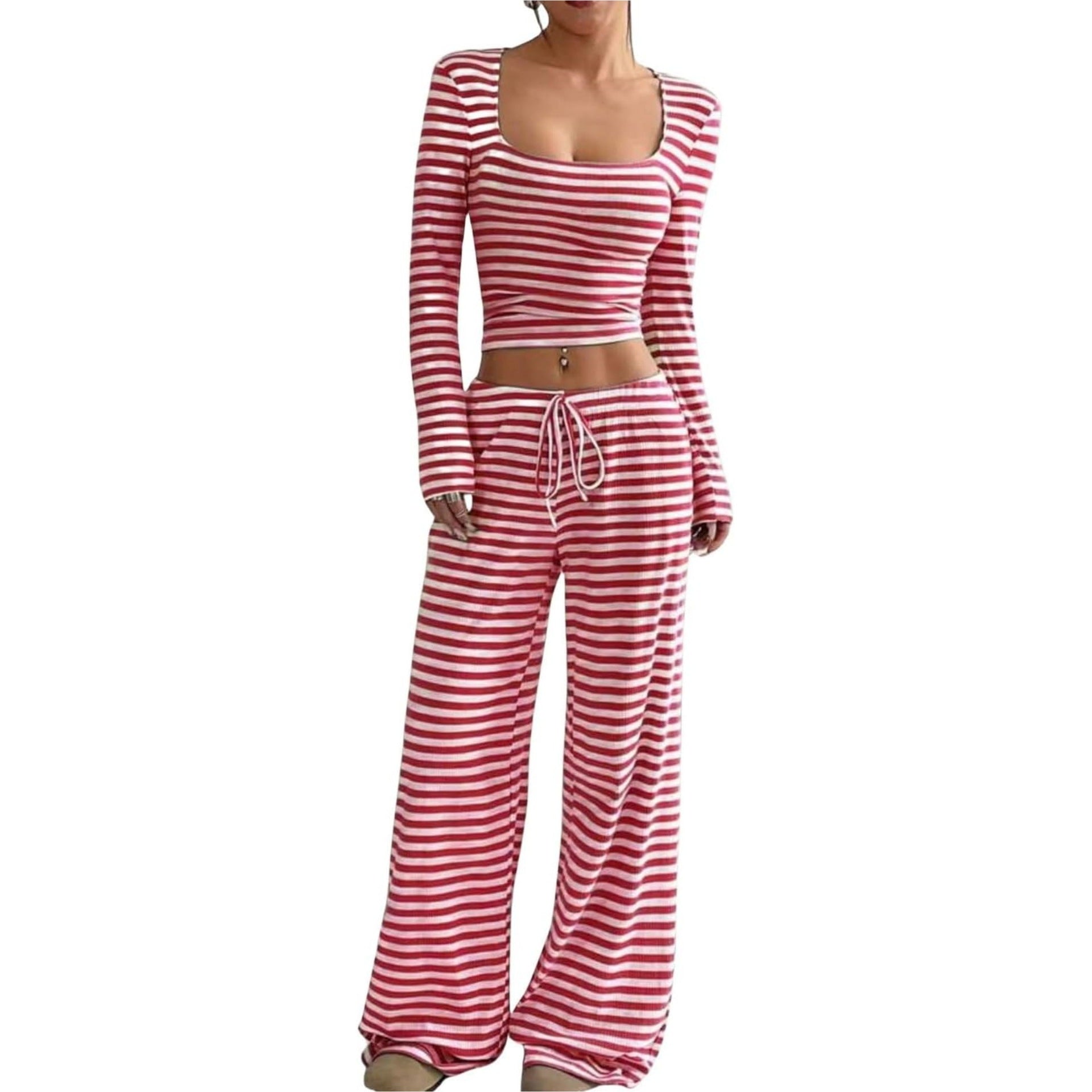 Womens Striped High-Waist Slimming Wide-Leg Pants
