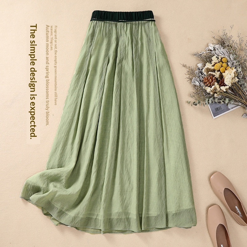 Solid-color Elastic-waist A-line Midi Skirt