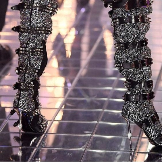 Hot-stone-embellished Skull-toe Studded Pointed-toe Over-the-knee Boots