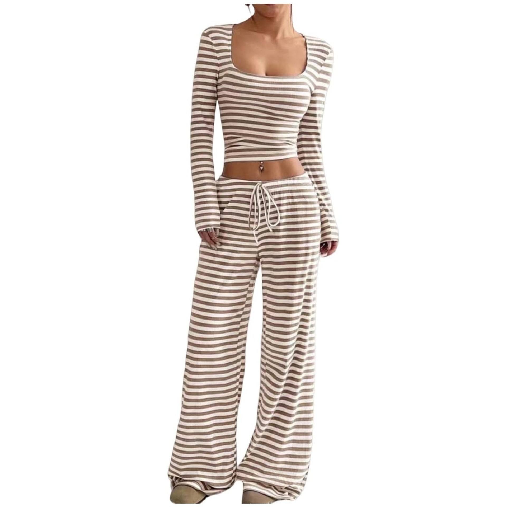 Womens Striped High-Waist Slimming Wide-Leg Pants