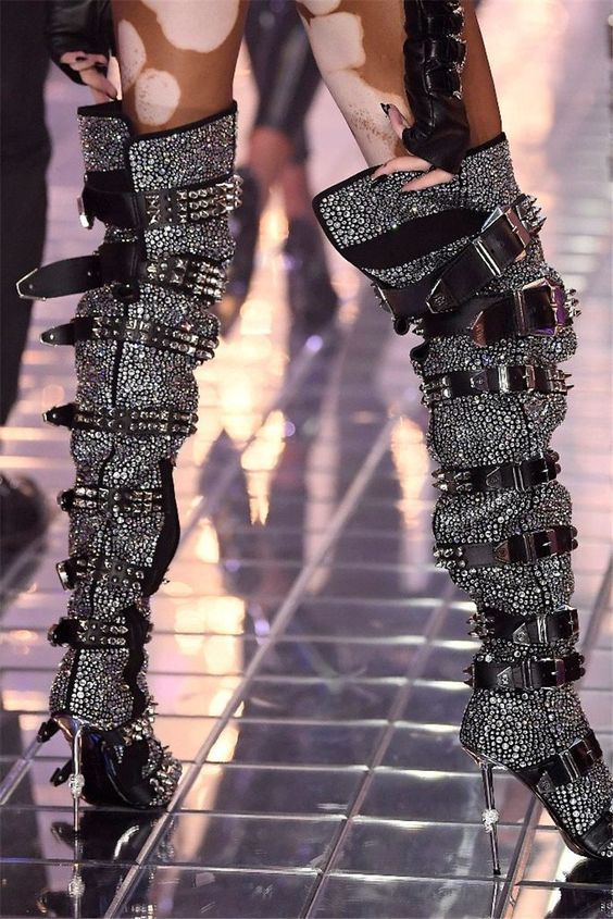 Hot-stone-embellished Skull-toe Studded Pointed-toe Over-the-knee Boots