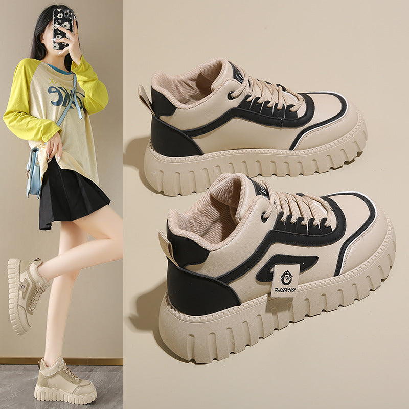 Breathable High-top White Shoes For Women Versatile Chunky-soled Athletic-casual Style