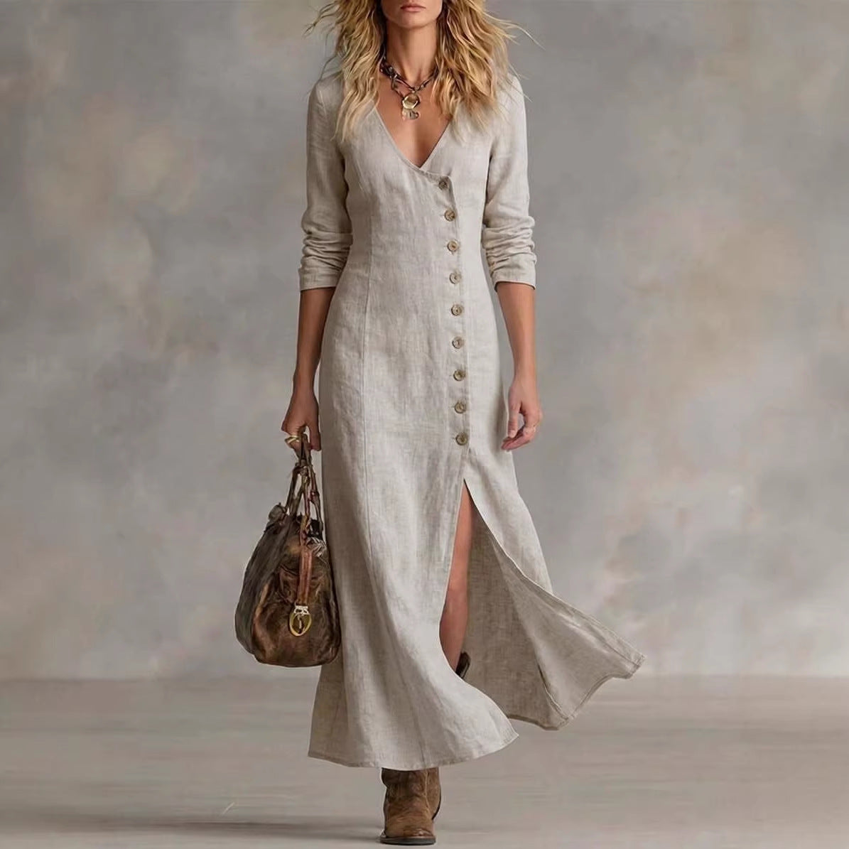 Fashionable Casual Cotton-Linen Long-Sleeve Womens Dress