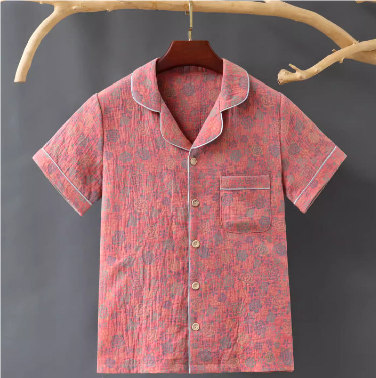 Chinese Style Pure Cotton Color Double-layer Cotton Yarn Short Sleeved Shirt