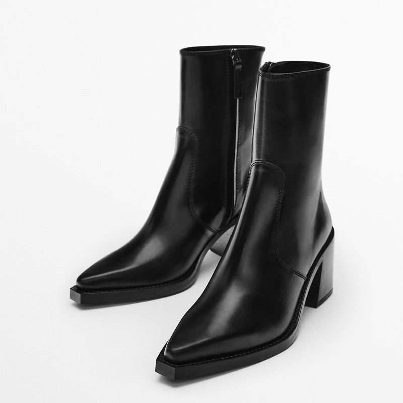 Genuine Leather Pointed-Toe Chunky-Heel Handmade Vintage Womens Boots