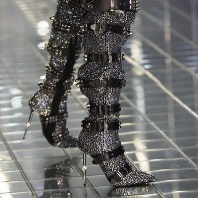 Hot-stone-embellished Skull-toe Studded Pointed-toe Over-the-knee Boots
