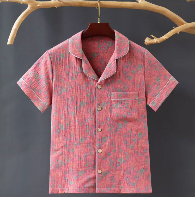 Chinese Style Pure Cotton Color Double-layer Cotton Yarn Short Sleeved Shirt