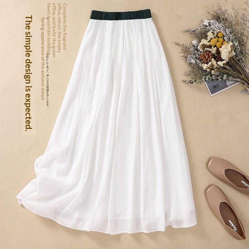 Solid-color Elastic-waist A-line Midi Skirt