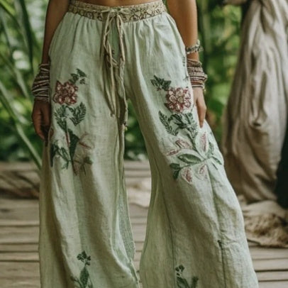 Vintage-style Hemp Sand-washed Casual Long Pants With Wide Legs
