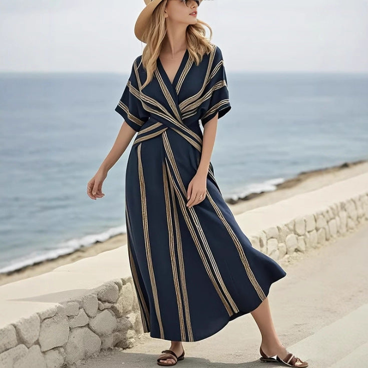 Casual Loose Retro Striped Print Holiday Dress Summer Short Sleeve V Neck Robes Dress Boho Beach Pleated A-Line Long Dress Woman