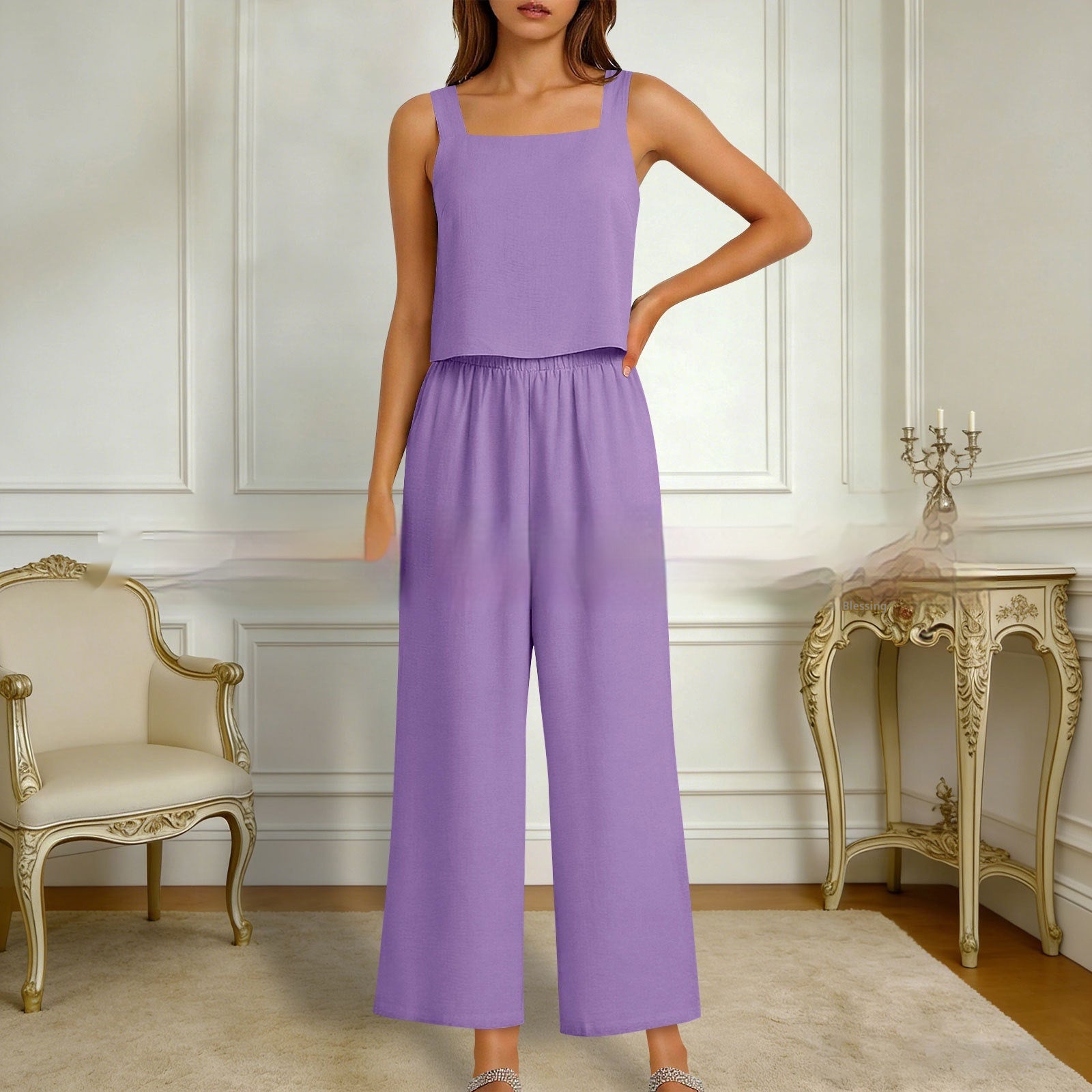 European And American-style Sleeveless Vest And Wide-leg Pants Set For Women