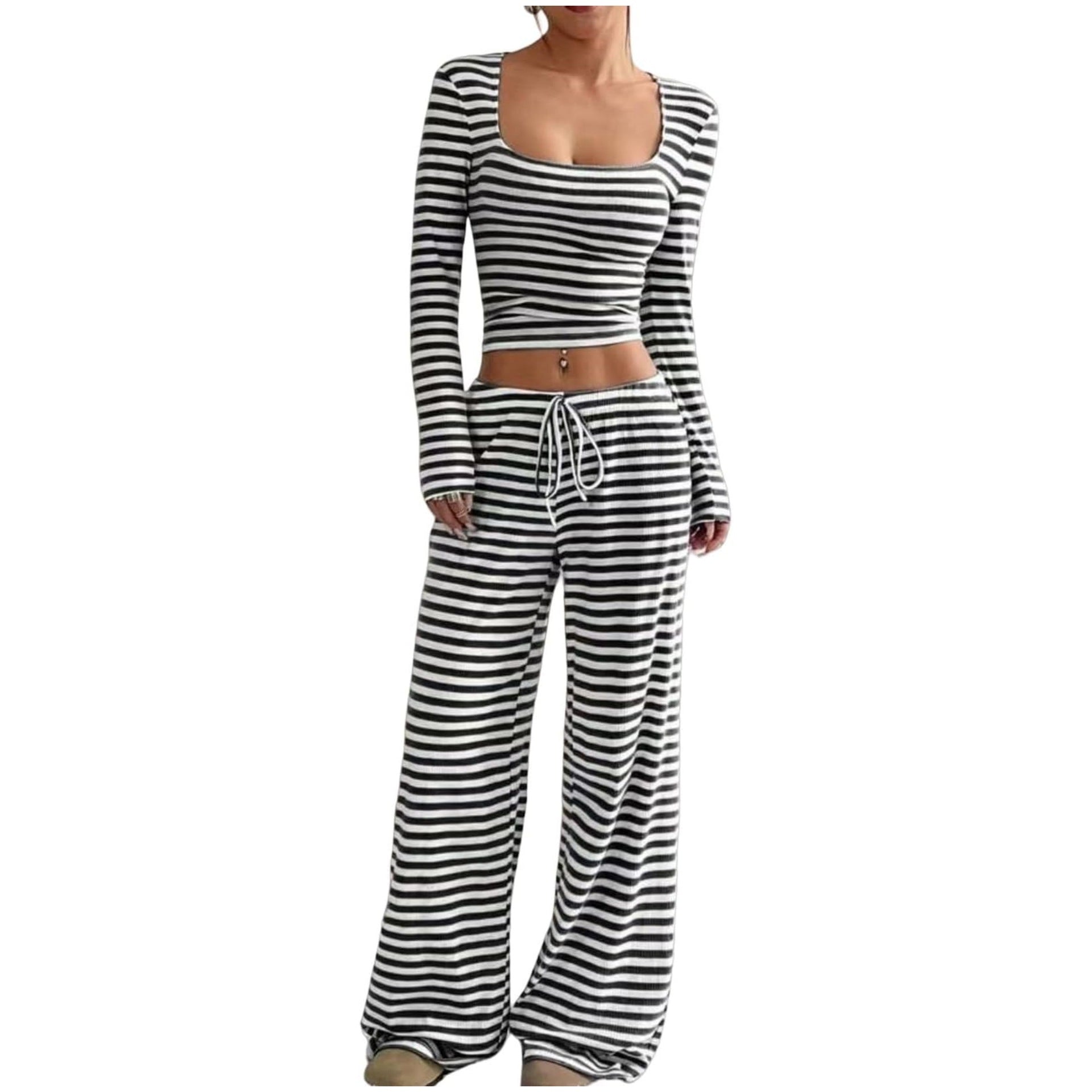 Womens Striped High-Waist Slimming Wide-Leg Pants