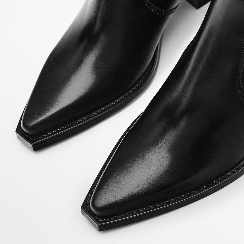 Genuine Leather Pointed-Toe Chunky-Heel Handmade Vintage Womens Boots