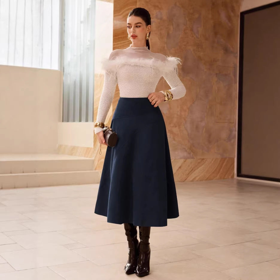 Fashionable Solid-Color Faux Suede Elegant Skirt