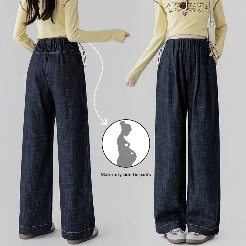 Dark Blue Fade-Resistant Wide-Leg Rayon Straight-Leg Maternity Jeans
