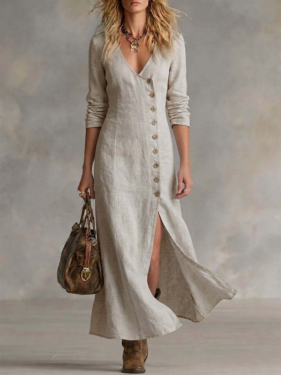 Fashionable Casual Cotton-Linen Long-Sleeve Womens Dress