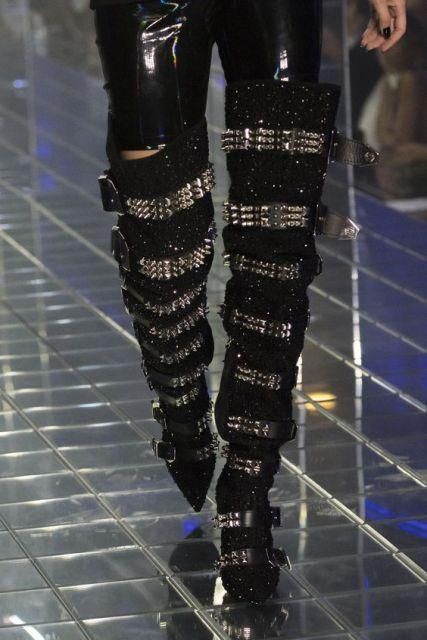 Hot-stone-embellished Skull-toe Studded Pointed-toe Over-the-knee Boots