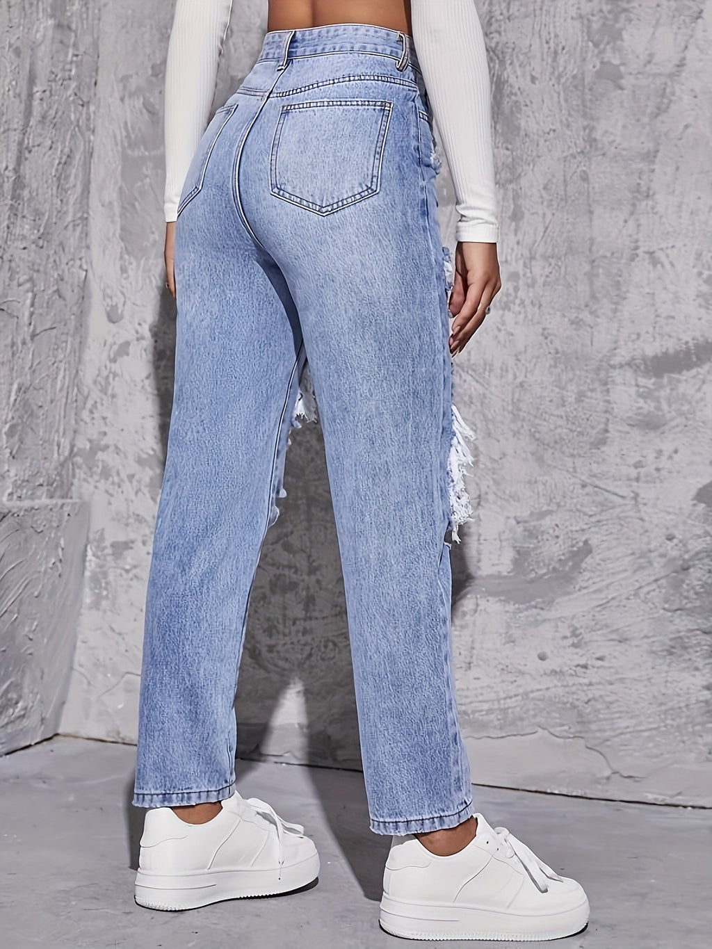 Women's Ripped Jeans, European And American Fashion, Stone Washed High-Waisted Straight Leg Long Pants, European And American Style