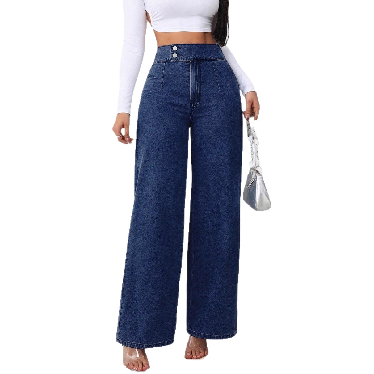 Women's Retro Deep Blue High-Waist Wide-Leg Jeans