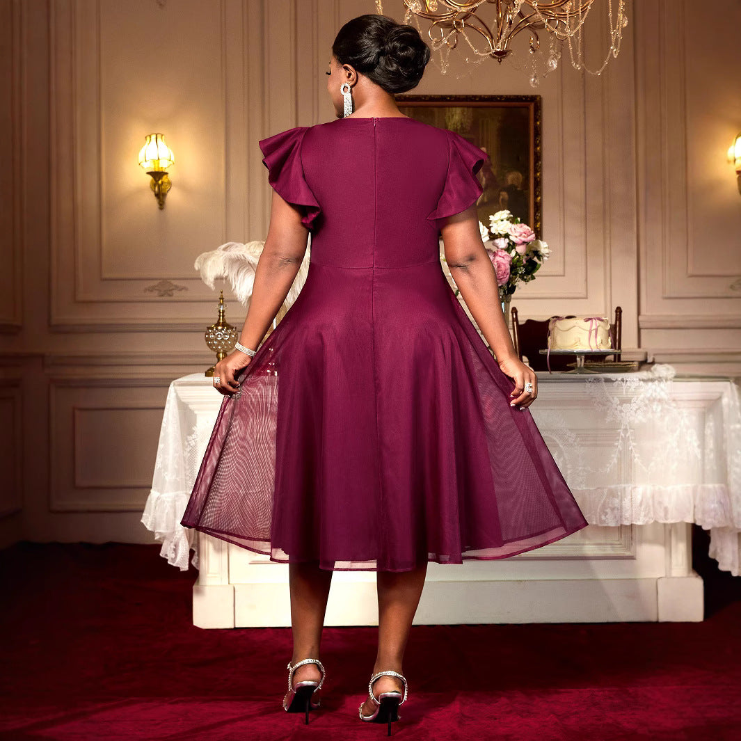 Summer Mesh Butterfly Sleeve Ruffles Party Wedding Guest Elegant Dress