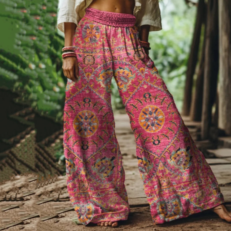 Holiday Vintage Floral Print Loose Linen Blend Pants