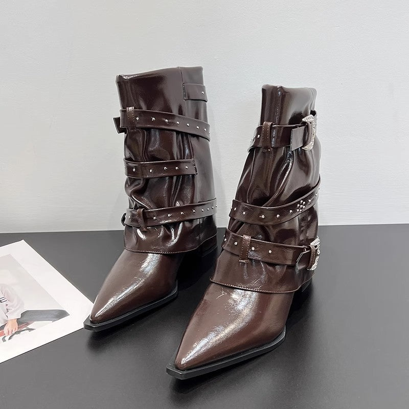High-heeled Elegant Shaft-style Studded Belt-buckle Fashion Ankle Boots