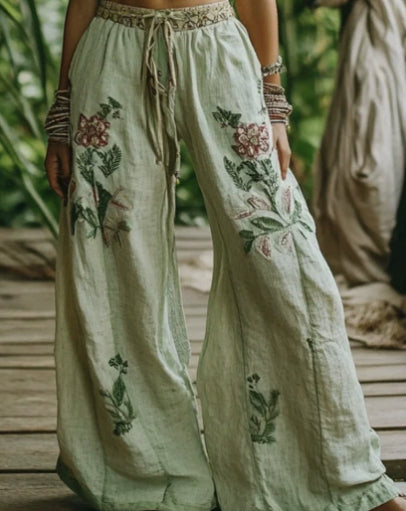 Vintage-style Hemp Sand-washed Casual Long Pants With Wide Legs