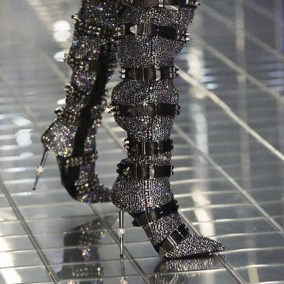 Hot-stone-embellished Skull-toe Studded Pointed-toe Over-the-knee Boots