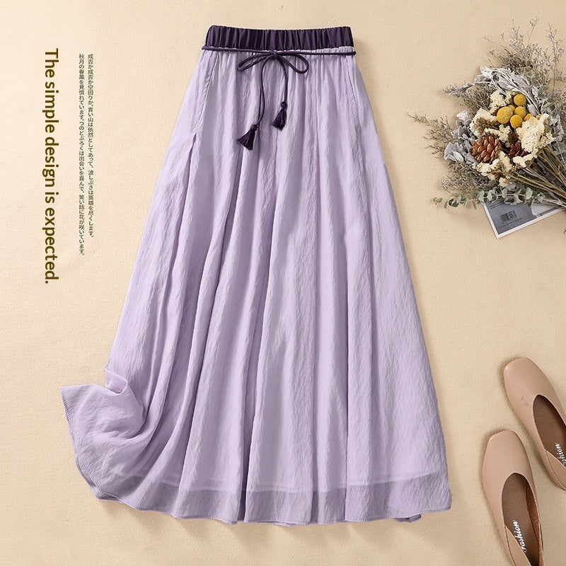 Solid-color Elastic-waist A-line Midi Skirt