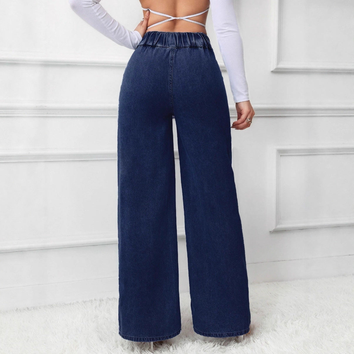 Women's Retro Deep Blue High-Waist Wide-Leg Jeans