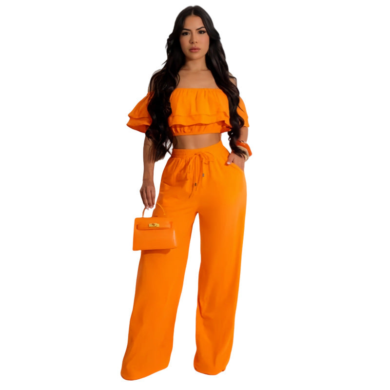 Off-shoulder Ruffled Short Top And Wide-leg Long Pants Set
