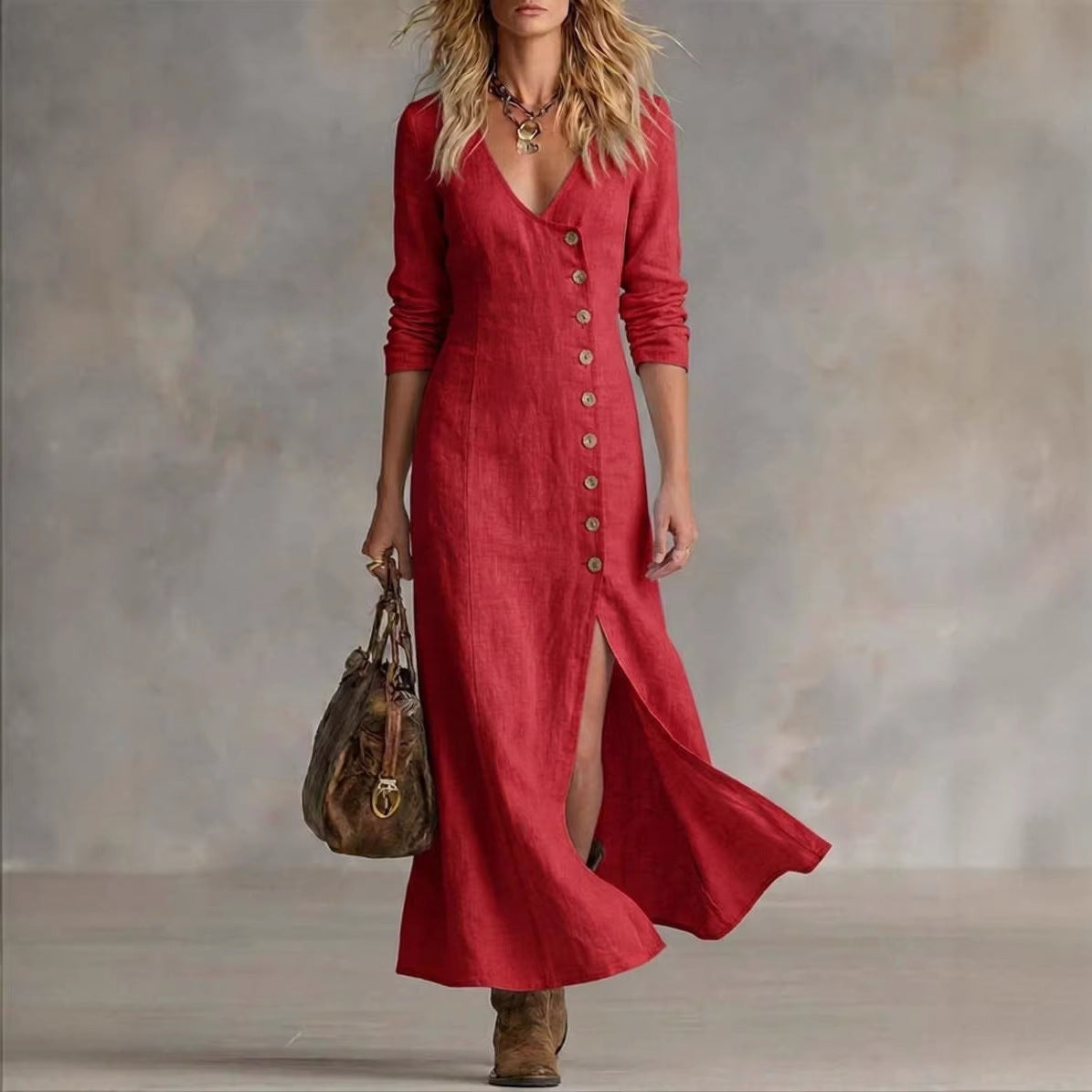 Fashionable Casual Cotton-Linen Long-Sleeve Womens Dress