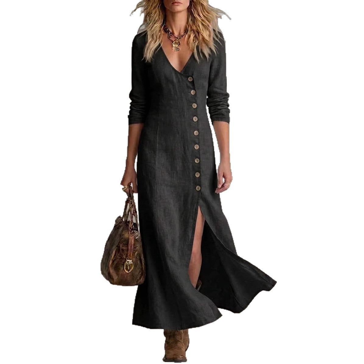 Fashionable Casual Cotton-Linen Long-Sleeve Womens Dress