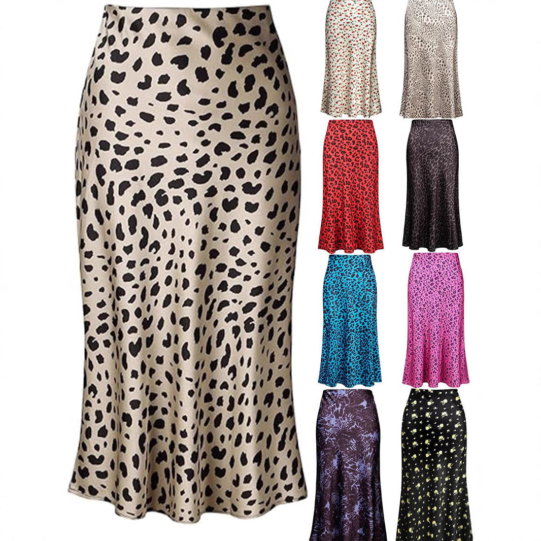 High-waisted Mermaid-style Satin Leopard-print Sheath Skirt