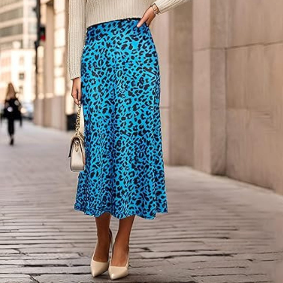 High-waisted Mermaid-style Satin Leopard-print Sheath Skirt