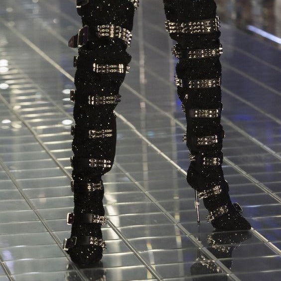 Hot-stone-embellished Skull-toe Studded Pointed-toe Over-the-knee Boots